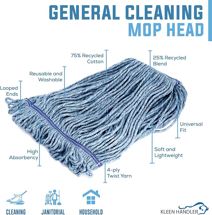 KLEEN HANDLER HEAVY DUTY Commercial Mop Head Replacement, Wet Industrial Cotton Looped End String Cleaning Mop Head Refill, Blue Mop, Universal Headband