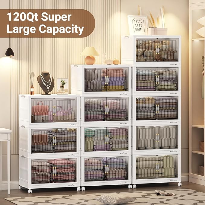 BROVIEW 360Qt Stackable Storage Bins with Lid, Extra Large Closet Organizer Collapsible Drawer Boxes with Wheels, Folding Plastic Cabinet Containers for Home Kitchen Room Organization, 3Pack White
