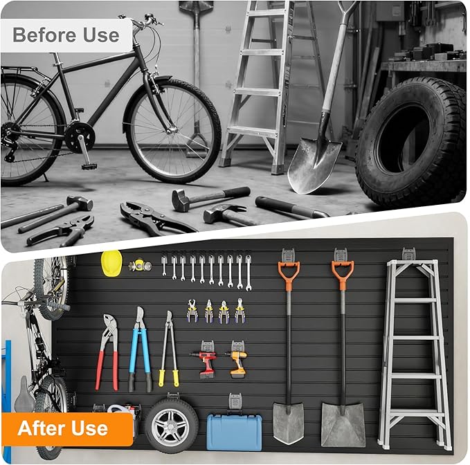 DoCred Slatwall Paneling Organizer, 4x2 FT PVC Garage Slat Wall Storage Systems, Heavy Duty Mounted Slat Peg Board for Tool Organization Ladder Bike Includes 27 PCS Hooks Accessories Kit (Black)