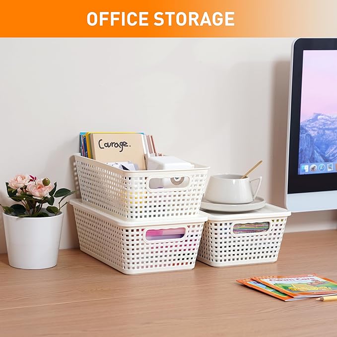 Plastic Storage Baskets With Lid, Storage Bins for Organizing, Stackable Decorative Containers for Shelves Drawers Desktop Closet Playroom Classroom Office, 10 Pack-White