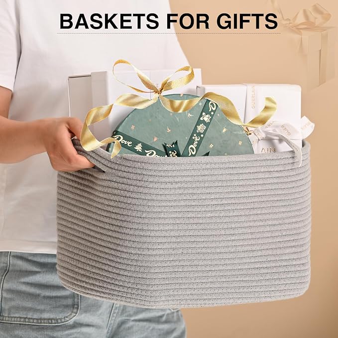 Woven Cotton Rope Storage Basket for Organizing, Cute Decorative Baskets for Gifts Empty, Organizer Bins for Dog Toy, Baby Laundry, 15“×11”×9.5“, Light Grey