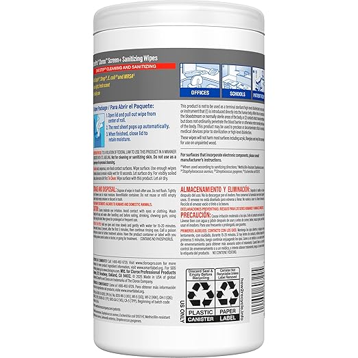 CloroxPro Clorox Screen+ Sanitizing Wipes, Bleach Free Cleaning Wipes, Citrus Blend Scent, 75 Count, Pack of 6