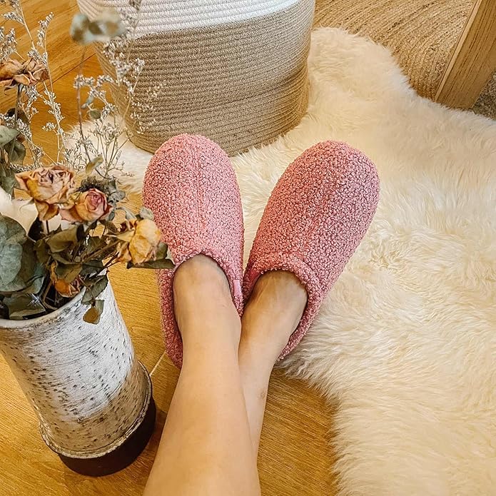 HomeTop Women's Fuzzy Curly Fur Memory Foam Loafer Slippers with Polar Fleece Lining