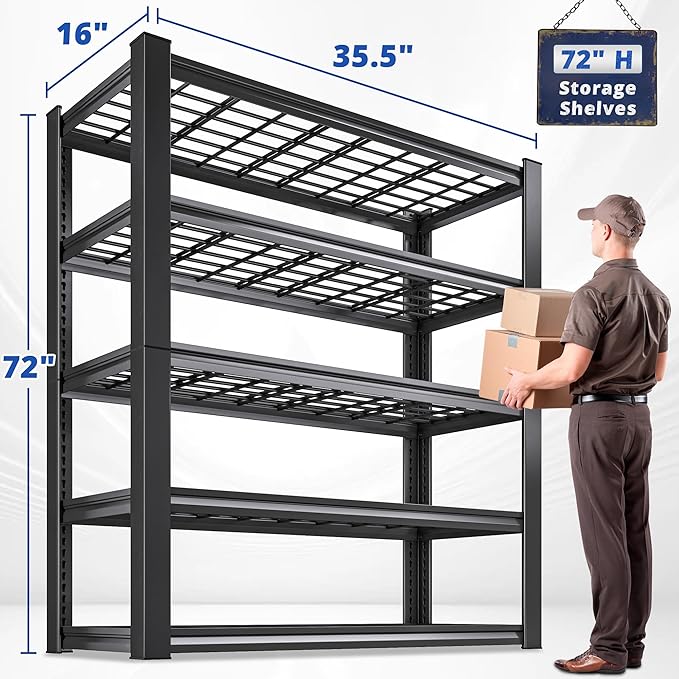 REIBII 3010LBS Storage Shelves 72" H Garage Shelving Heavy Duty Metal Shelving 5 Tier Adjustable Metal Shelves for Storage for Kitchen Pantry Warehouse Basement 72" H x 35.5" W x 16" D, 2 Pack