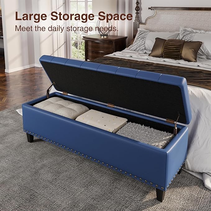 Storage Ottoman Bench, 51-Inch Large Storage Bench for Bedroom End of Bed, 30 Gallons Faux Leather Ottoman with Storage for Bedroom, Living Room, Entryway, Hallway, Blue