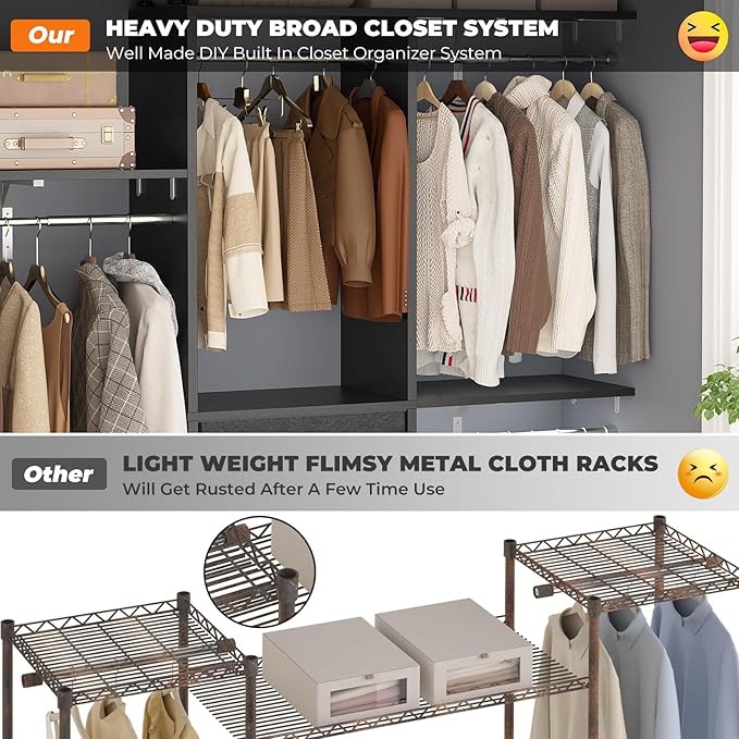 Armocity 5FT Small Closet System with 3 Fabric Drawers, 60 Inches Walk In Closet Organizer System With 3 Adjustable Shelves, Heavy Duty Clothes Rack Built-In Garment Rack, 59" L x 16" W x 71" H, Black