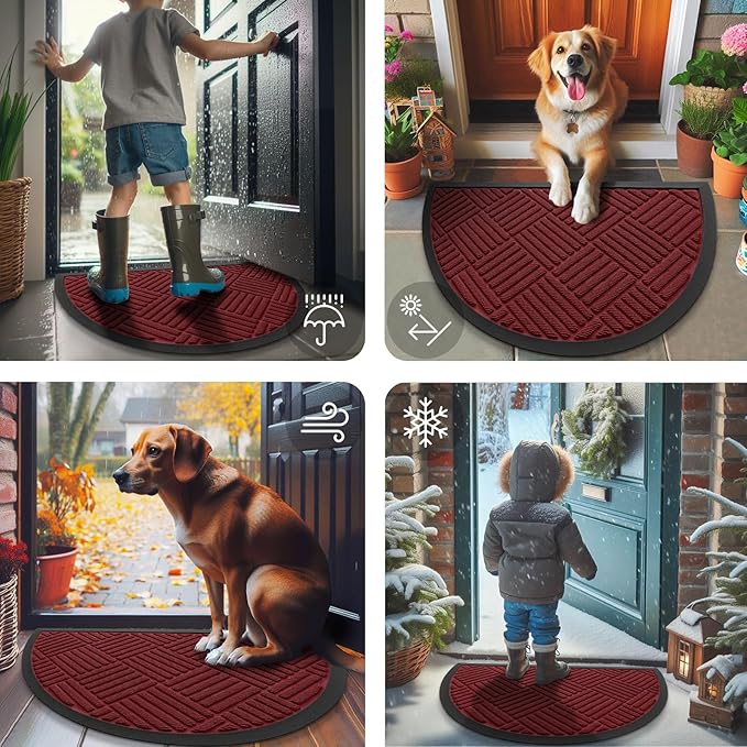 Smiry Half Circle Front Door Mat Outside Entrance,Heavy Duty Outdoor Indoor Natural Rubber Doormat,Non Slip,Trap Dirt and Moisture,Easy Clean,Low Profile Patio Porch Entryway Mat,29.5x17, Wine Red