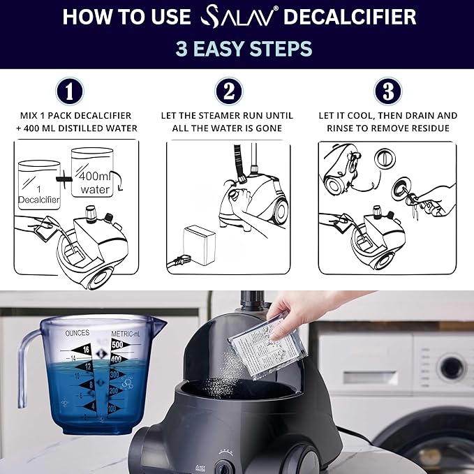 SALAV Garment Steamer Descaler/Decalcifier Packets for Mineral Deposits and Build-up Removal, Maintenance for Clothes Steamer, Use 1 Packet Every 4 Months, 3-pack