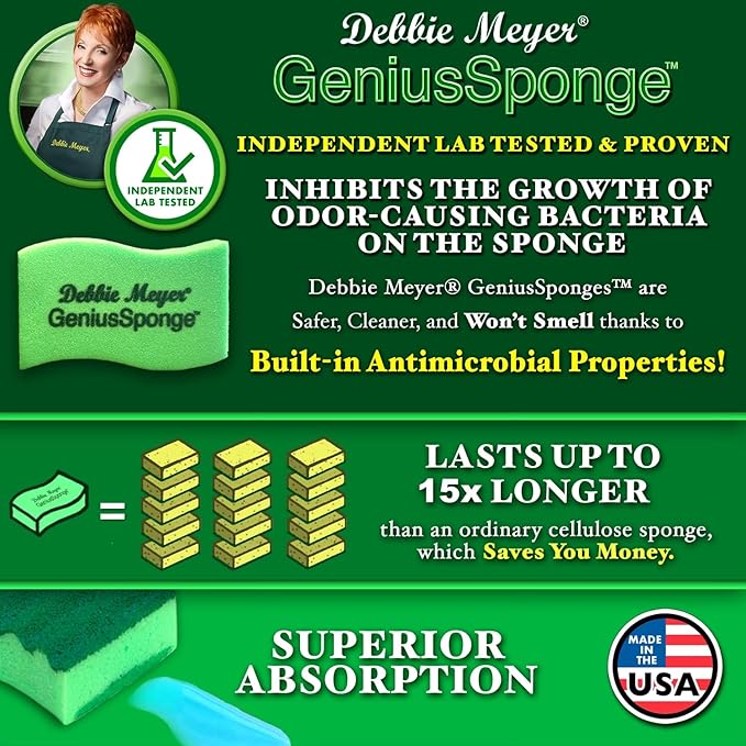 Debbie Meyer GeniusSponges-8 Scrubber Sponges with Built-in Odor Blocking Properties | Non-Scratch Multi-Surface Cleaning for Kitchens, Bathrooms, Essential for Dishes & Messes, Made in The USA