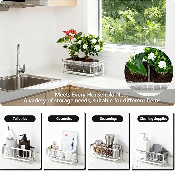 Kavciva Sink Caddy Sponge Holder,304 Stainless Steel Dish Brush Holder,Kitchen Countertop Sink Rack,Dish Soap Holder,Dishwashing Tool Drying Tray with Adjustable Partitions,Essential Kitchen Shelves