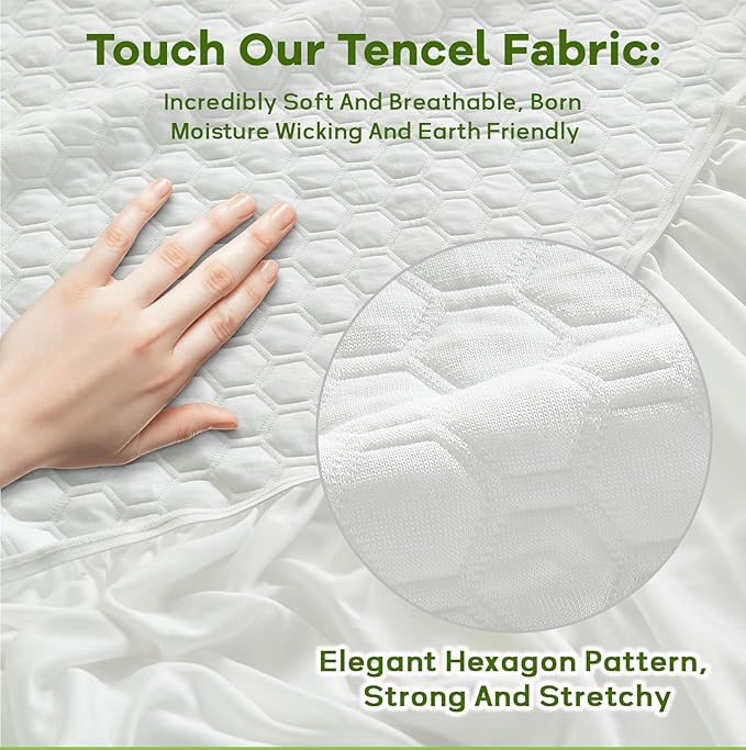Premium Tencel Full Size Mattress Protector Cover in White, Natural and Skin Soft, Waterproof and Fully Fitted Deep Pocket, Hypoallergenic, Breathable, Noiseless and Absorbent