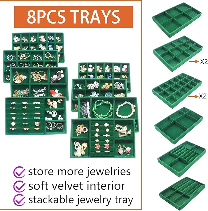 Jewelry Trays Organizer Set of 8 Stackable Jewellry Organizer Trays for Drawers Jewelryy Display Necklace Earring Bracelet