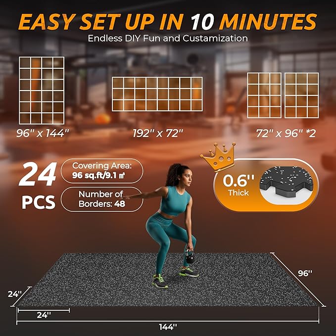 PRAISUN 0.6" Thicker Gym Mat, 24 Tiles 96 Sq Ft Workout Mats, Interlocking Foam Tiles with Rubber Top, High Density EVA Foam, Exercise Mat, Gym Flooring for Home Gym, Garage, 24 x 24in, Black/Grey