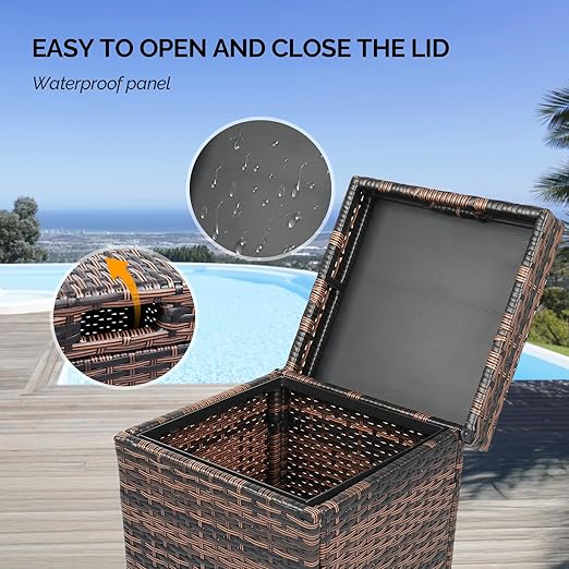 VINGLI Wicker Patio Trash Can, 27 Gallon Rattan Trash Can with Removable Lid, Outdoor Wicker Waste Basket, Wast Container (Brown)