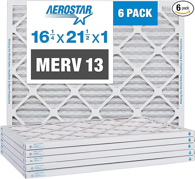 Aerostar 16 1/4x21 1/2x1 MERV 13 Pleated Air Filter, AC Furnace Air Filter, 6 Pack (Actual Size: 16 3/8" x 21 1/2" x 3/4")