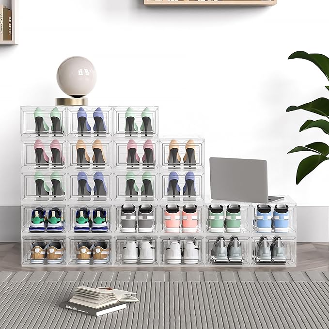Mitees 10 Pack XX Large Thicken Sturdy Hard Plastic Clear Stackable Shoe Storage Boxes for Size 12, Sneaker Shoe Rack Containers Holders Bins Display Case Organizer for Closet, White