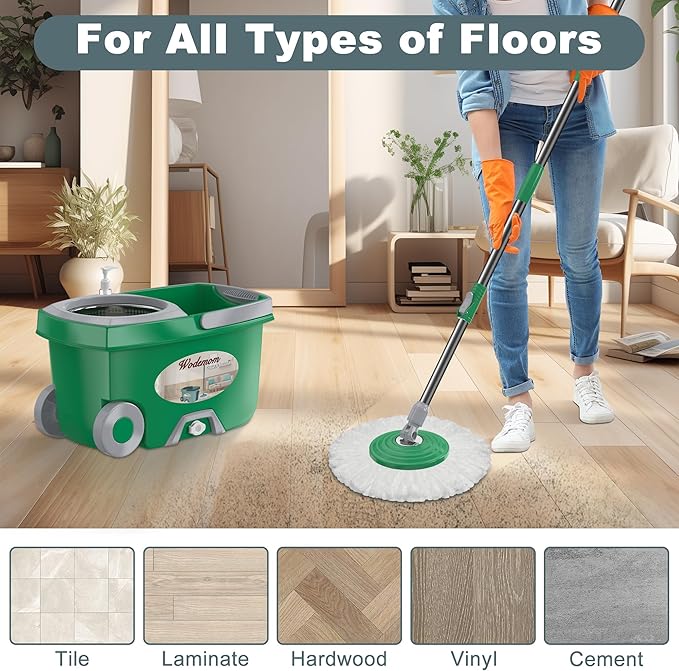 Dual Compartment Spin Mop and Bucket, Mop and Bucket with Wringer Set,360°Rotating Spinning Mopping for Floor Cleaning with 6 Microfiber Replacement Heads, 61" Extended Handle, 2X Wheel - Deep Green