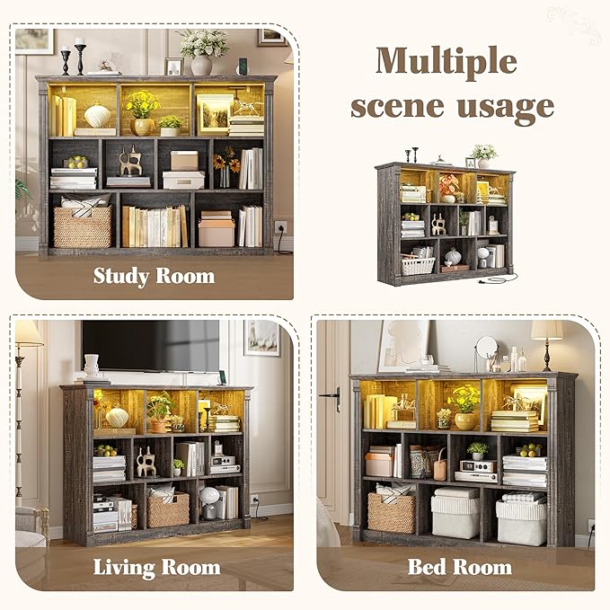 EnHomee 10 Cube Storage Organizer with LED Light and Charging Station Wood Cube Shelf Display Cabinet for Bedroom Living Room,Office,Black Oak
