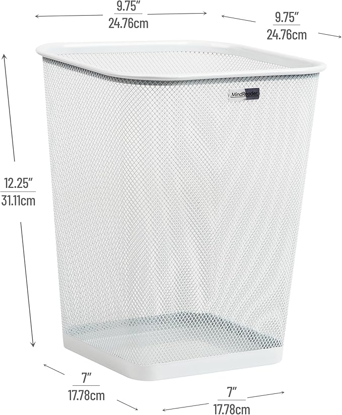 Mind Reader Mesh Trash Can, Square Wastebasket for Office or Home, 5 Gallon Capacity, Metal Mesh, Set of 2, White