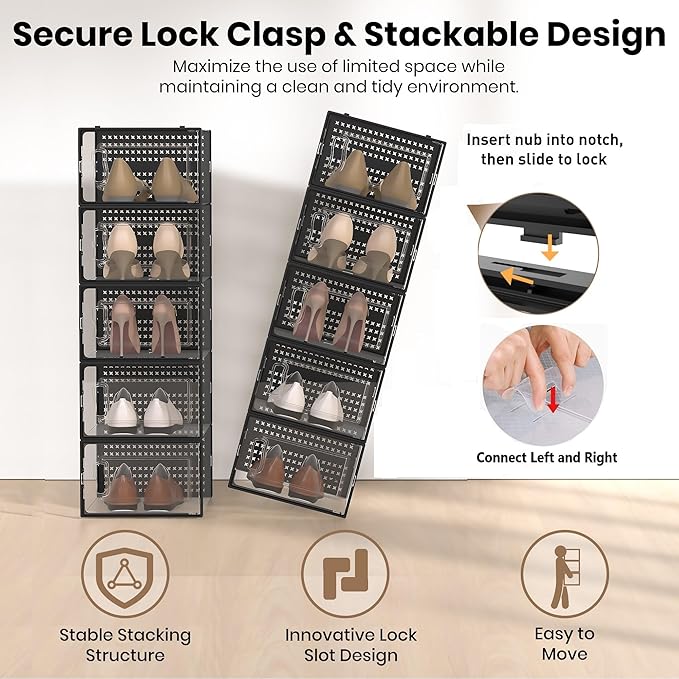 12 Pack XXX-Large Modular Clear Plastic Stackable Shoe Storage Organizer for Closet, Space Saving Versatile Sneaker Shoe Rack Containers Bins Holders, Portable Closet Organizers and Storage, Black