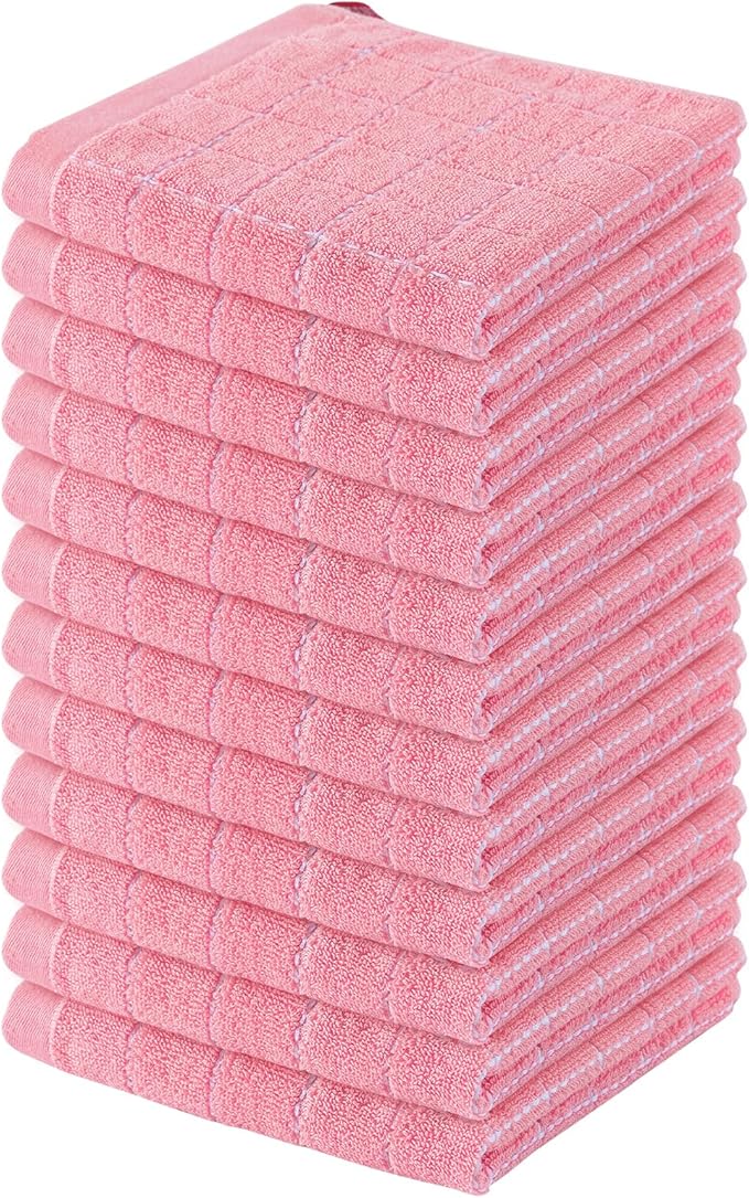 Homaxy 100% Cotton Terry Kitchen Dish Cloths, Ultra Soft and Absorbent Dish Towels for Kitchen, Suitable for Drying and Washing Dishes, 12 Pack, 12 x 12 Inches, Pink