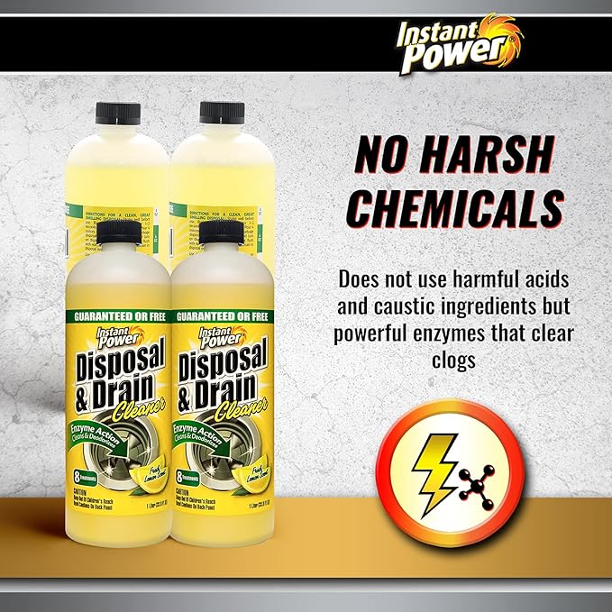 Instant Power Disposal and Drain Cleaner – Liquid Enzyme Clog Remover, Cleans and Deodorizes, Removes Drain Blockages, Fresh Lemon Scent 33.8 Fl oz, 1 Liter 4 Pack