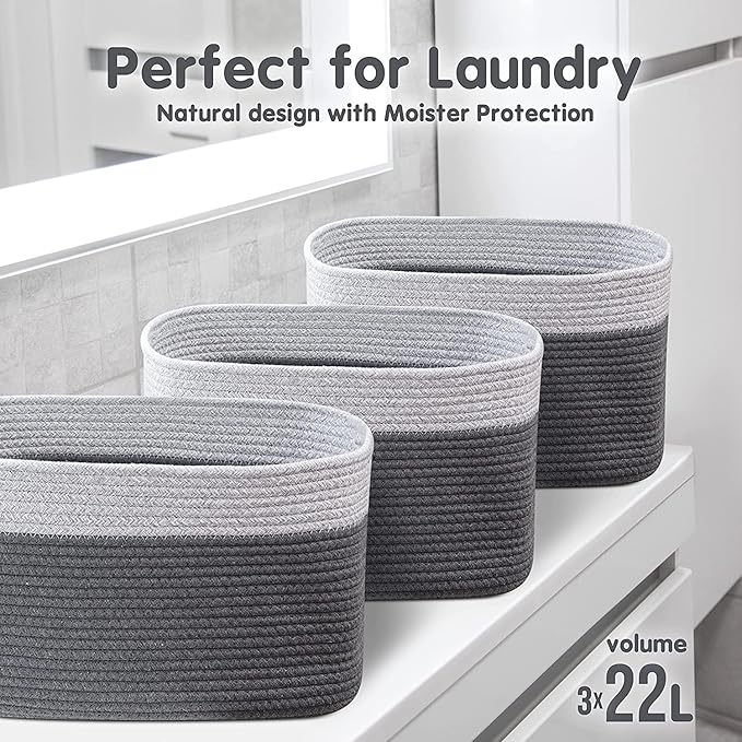 CHAT BLANC Cotton Rope Baskets for Organizing I Storage Baskets for Shelves | Rope Basket for Storage, Small Laundry Baskets, Woven Baskets for Storage, Dog Toy Bin, Baby Basket, Gray & Graphite 3Pack