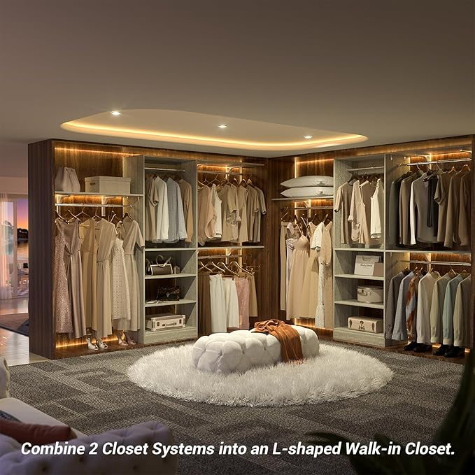 8FT Closet System with Shelves, 96'' Closet Organizer System with 3 Hanging Rods, Wall Mount Bedroom Wardrobe Walk-in Closet, Adjustable Cloth Garment Rack from 5 to 8FT(Cut to Fit), White Oak