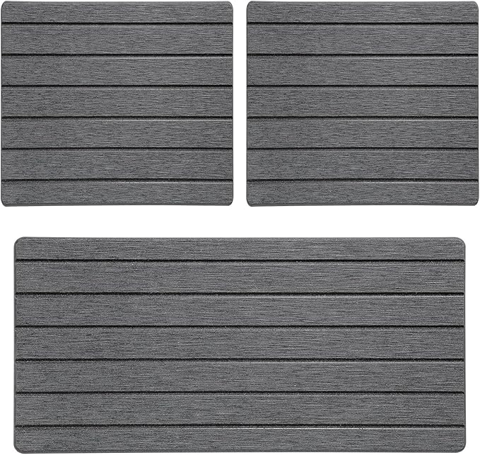 3 Pack Diatomite Stone Sink Tray, Water Absorbing Mat for Kitchen & Bathroom Counter, Quick Dry Soap Dish Makeup Vanity Caddy,Sponge Holder Organizer, Dark Gray 2pcs of 8"x 3.8" and 1pc of 3.8"x 3.8"