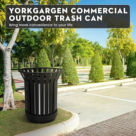 8Gallon/30L Commercial Outdoor & Indoor Metal Trash Can, Outdoor Slatted Trash Receptacle with Metal Linner, All Weather Resistant Large Outside Zone Round Garbage Bin for Street, Park, School - Black