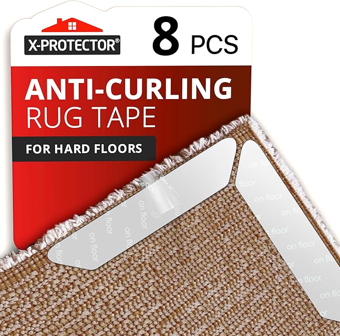 X-Protector Rug Tape - 8 Pcs Set - White Anti-Slip & Anti-Curling Carpet Tape for Hard Floors - Premium Rug Pad Gripper - Ideal Carpet Corner Grippers to Keep Your Carpet in Place & Make Corners Flat