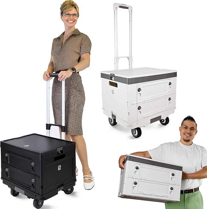 Wellmax WM99800BK Rolling Crate Cart with Wheels, Foldable Utility Cart for Teachers, Shopping, Office | Silent Wheels, Aluminum Handle, 132 lbs Capacity – Black