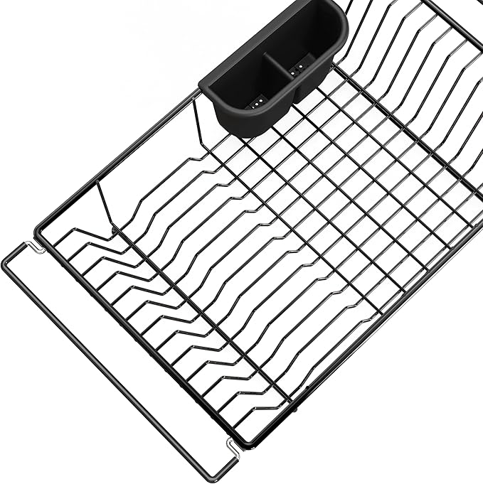 SIMPLE HOUSEWARE Large Over Sink Counter Top Stainless Steel Dish Drainer Drying Rack with Utensil Holder, Black