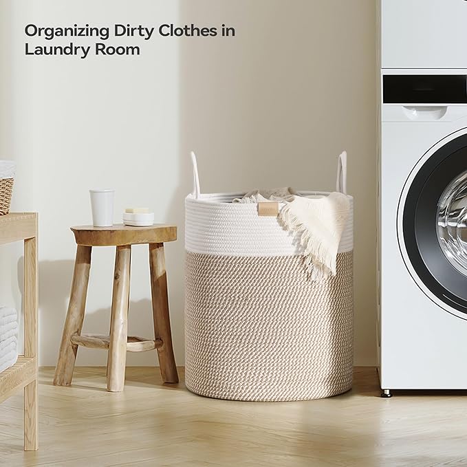 Laundry Hamper 62L,Large Laundry Basket for Clothes,Decorative Storage Basket for Blankets,Cotton Rope Woven basket for bedroom,Brown White