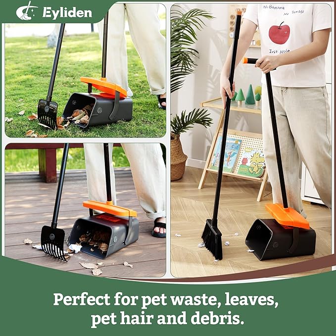 Eyliden Pooper Scooper Broom Set, Include - Dustpan with Lid, Rake, Broom, 35 Waste Bags, 46" Adjustable Long Handle - Yard Lawn Garden Dog Pooper Scooper Leaf Rake, Dust Pan and Broom Combo