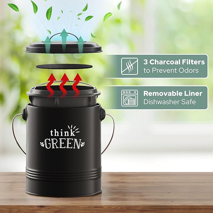 Barnyard Designs Compost Bin for Kitchen Counter - 1.2 Gallon Countertop Composter with Extra Smell-Absorbing Filters and Inner Bucket for Easy Cleaning - Food Waste Bin for Kitchen with Lid (Black)