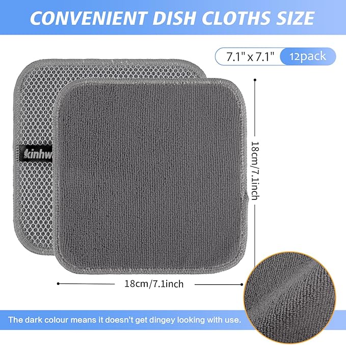 KinHwa Kitchen Washcloths for Dishes Absorbent Microfiber Dish Cloths Quick Dry Dish Rags with Poly Scour Scrub Side Ideal for Kitchen Cleaning (Gray, 7inchx7inch 12 Pack)