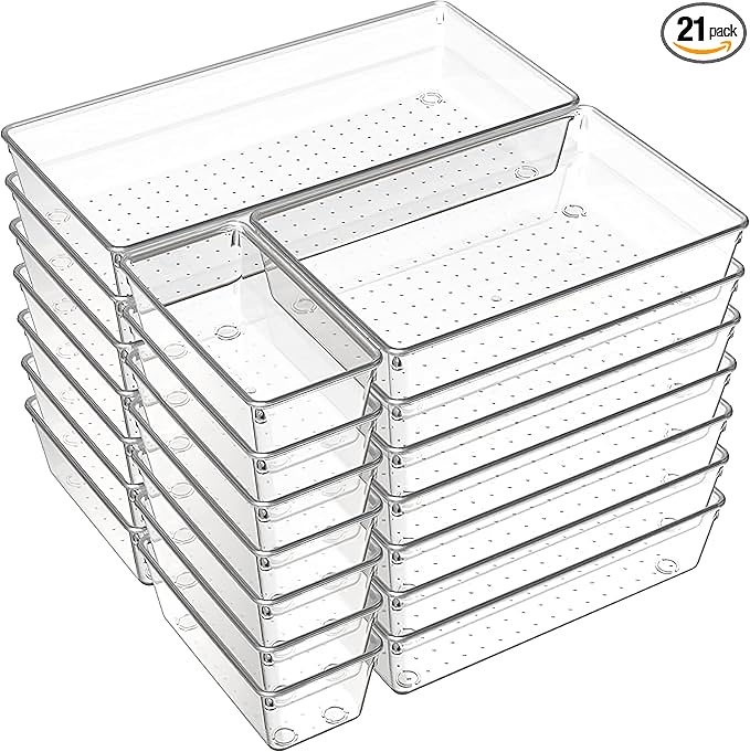 21-Pack Clear Plastic Drawer Organizer Trays – BPA-Free Storage Bins for Kitchen Utensils, Makeup, Jewelry, Office Desk, Bathroom & School Supplies – Multi-Use Home Organization Solution