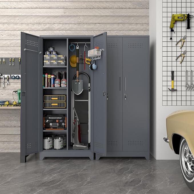 Metal Tool Storage Cabinet, Broom Closet with Hooks, 72.8" Tall Garage Cabinet with Shelves, Heavy-Duty Cleaning Storage for Utility Room, Gym, Office, Garage