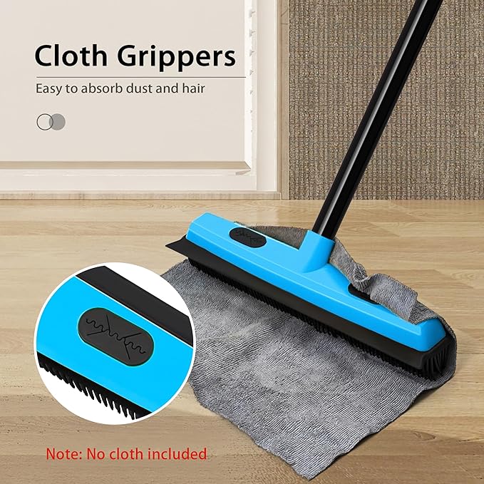 JEHONN Rubber Broom Carpet Rake Brush for Pet Hair with Squeegee, 52.8 inches Long Handle Silicone Fur Scraper Removal Tool with Detailing Lint Comb for Rug, Tile, Hardwood Floor Cleaning (Blue)