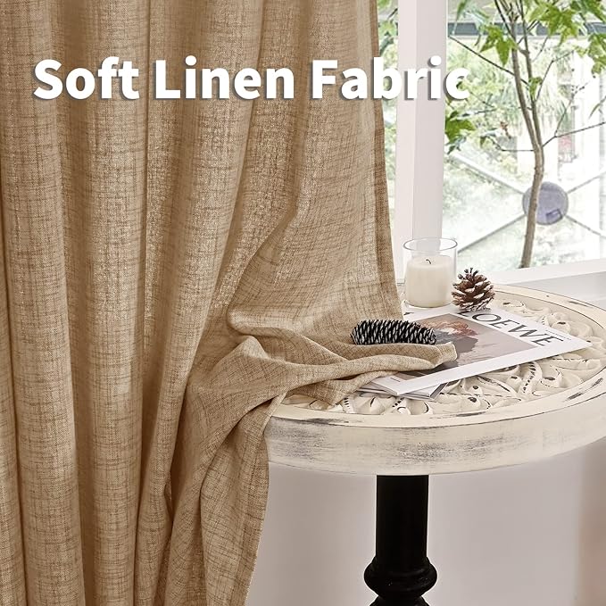 YoungsTex Toffee Linen Curtains 84 Inch Length 2 Panels for Farmhouse Living Room, Light Filtering Back Tab Burlap Textured Window Drapes for Bedroom Rod Pocket Rustic/Country, 52 X 84 Inch