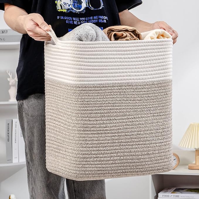 Medium and Large Woven Basket//With Handle, Used for Toys and Fabric Storage Basket used for Storing xl Storage Box, Decorative Storage Box Room (14L*15.7H WWhite Brown, 14L*10W*15.7H)