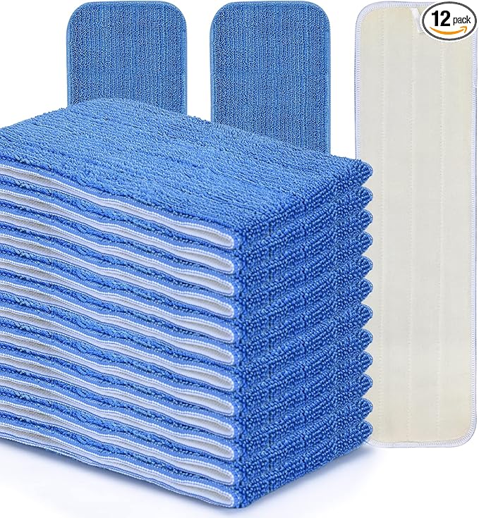 MATTHEW 18'' Microfiber Spray Mop Replacement Pads Heads for Wet Dry Reusable Mops Floor Home Commercial Cleaning Refills, Machine Washable Fits Compatible with Bona Mop&Most Spray Mops Blue (12 Pack)