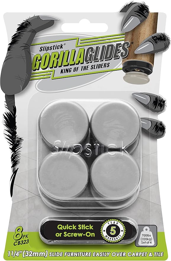 GorillaGlides CB323 1-1/4 Inch Furniture Sliders/Chair Glide Floor Protectors (Set of 8 Glides) Self-Adhesive Screw On Furniture Glides for Low Pile Carpet and Hard Surface Flooring, Round