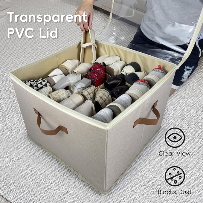 Shoe Organizer for Closet, 2 Pack Shoe Storage Bins with Clear Cover, Adjustable Dividers Fits 16-32 Pairs ShoeBoxes, Organizador de Zapatos, Khaki