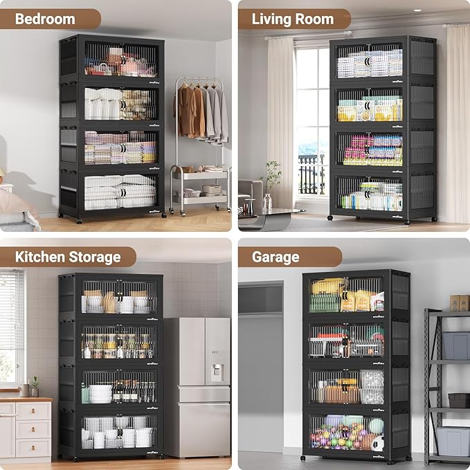 BROVIEW 800Qt Extra Large Stackable Storage Bins with Lid, Closet Organizer Collapsible Drawer Boxes with Wheels, Folding Plastic Cabinet Containers for Home Kitchen Room Organization, 4Pack Black