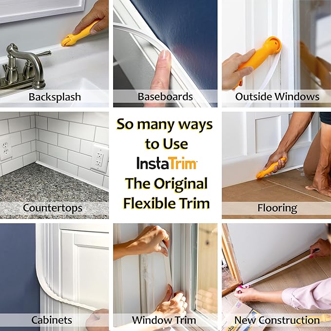 InstaTrim The Original Flexible Trim -10ft Grey 3/4" Wide Caulk Tape - Adhesive Trim with Many Uses Including Caulking for Bathtubs, Sinks, Counters, Tile, Floors - Made in USA