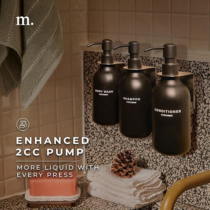 MaisoNovo Shampoo and Conditioner Dispenser - Shower Soap Dispenser Wall Mounted - 16.9 fl oz Set of 3 Black Plastic Bottles Black Pump - Shampoo Dispenser, Shower Dispenser