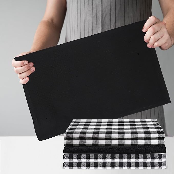 Kitchen Towels Set of 6 Soft Premium Cotton Highly Absorbent Dish Towels 18x28 Inches, Washable & Reusable Tea Towel, Quick Drying Dish Cloths with Hanging Loop - Black/White, Checks