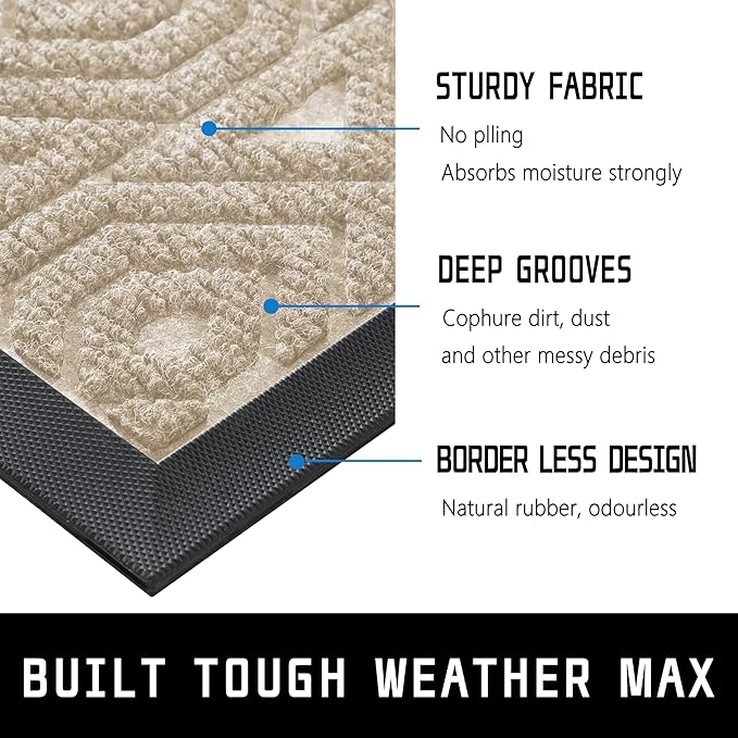 Yimobra Door Mat, Outdoor Indoor Entrance Welcome Mat, Heavy Entry Front Door Mat, Stain & Fade Resistant, Low Profile, Sturdy Rubber, Easy Clean Patio Floor Mat, Waterproof, 47 x 32, Light Beige